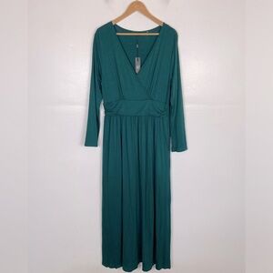 Ouges Long Sleeves Maxi Dress Size XL Green Faux Wrap V-Neck Butter Knit Pockets